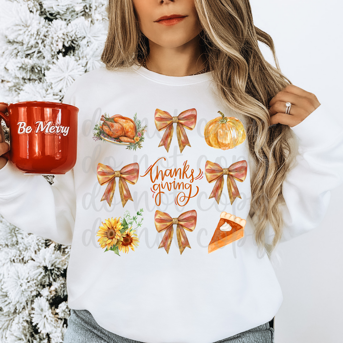 Fall-themed design featuring orange bows, autumn leaves, pumpkins, and thankful lettering in warm seasonal colors.
