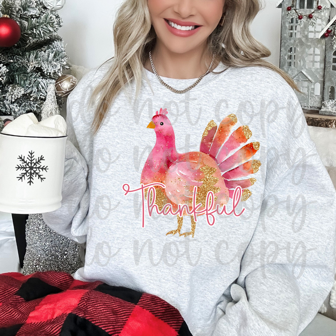 Whimsical pink and orange turkey illustration with decorative fall accents and a faux embroidered texture.