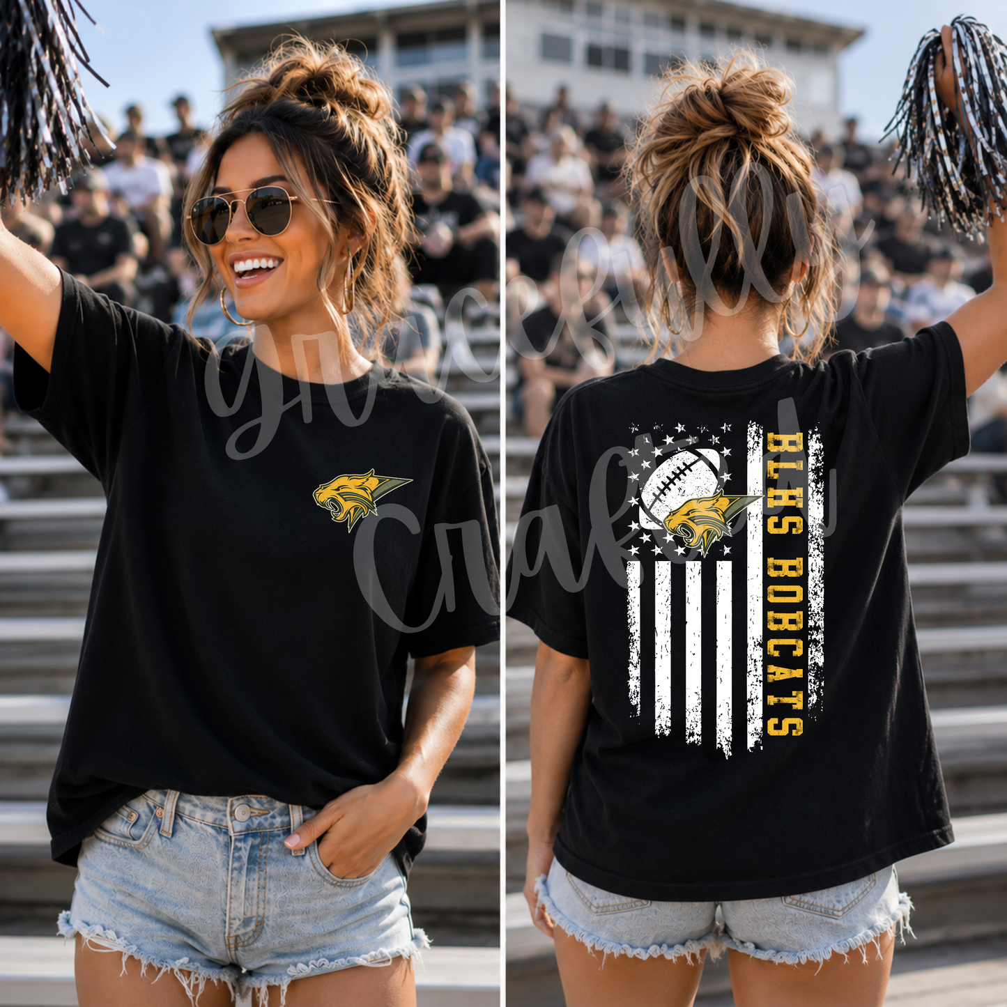 Bobcats Distressed Football Flag Tee