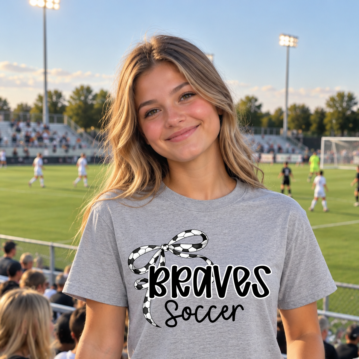 A smiling young woman stands on a soccer field at sunset wearing a heather gray t-shirt with a black and white checkered bow graphic and the words 'Braves Soccer'.