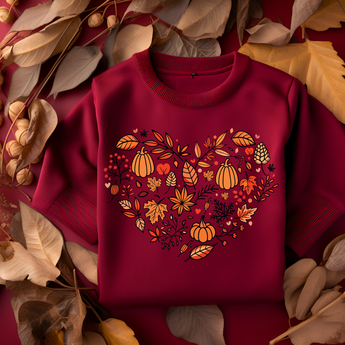 A maroon crewneck sweatshirt with a heart-shaped autumn graphic on the front