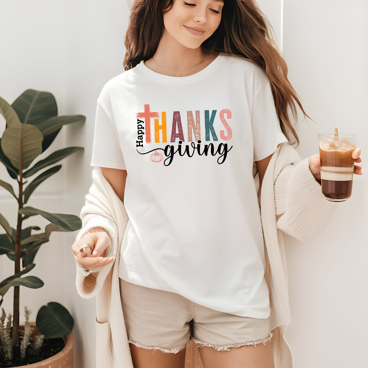 Colorful autumn-themed THANKS lettering above the word giving in black script.