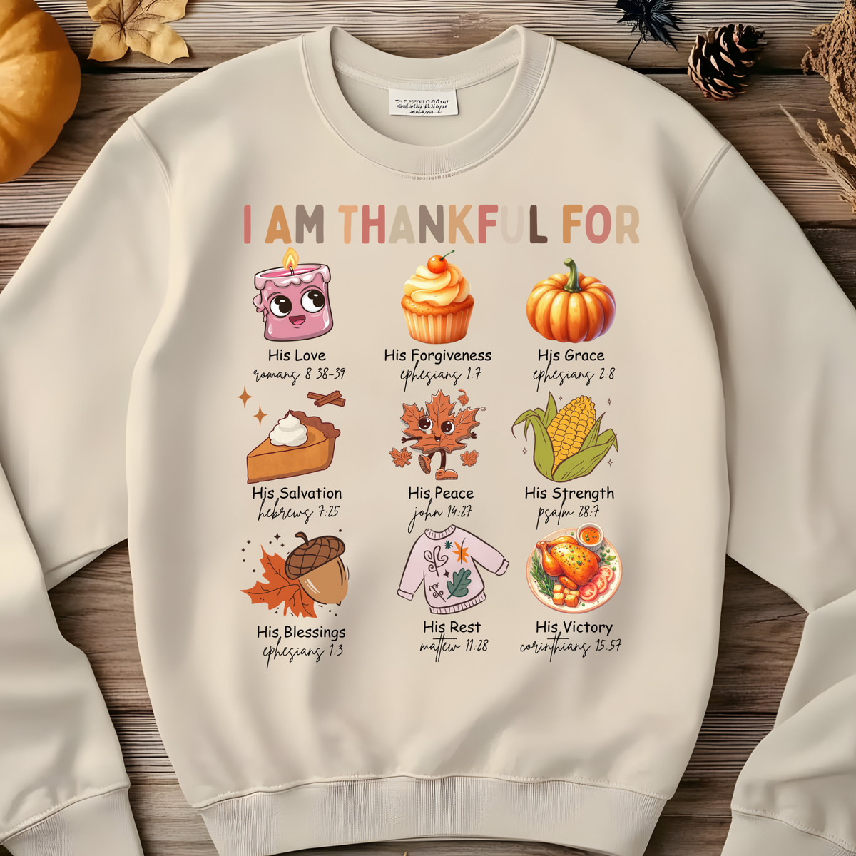 I Am Thankful For lettering above a collection of colorful fall illustrations and gratitude-themed captions.