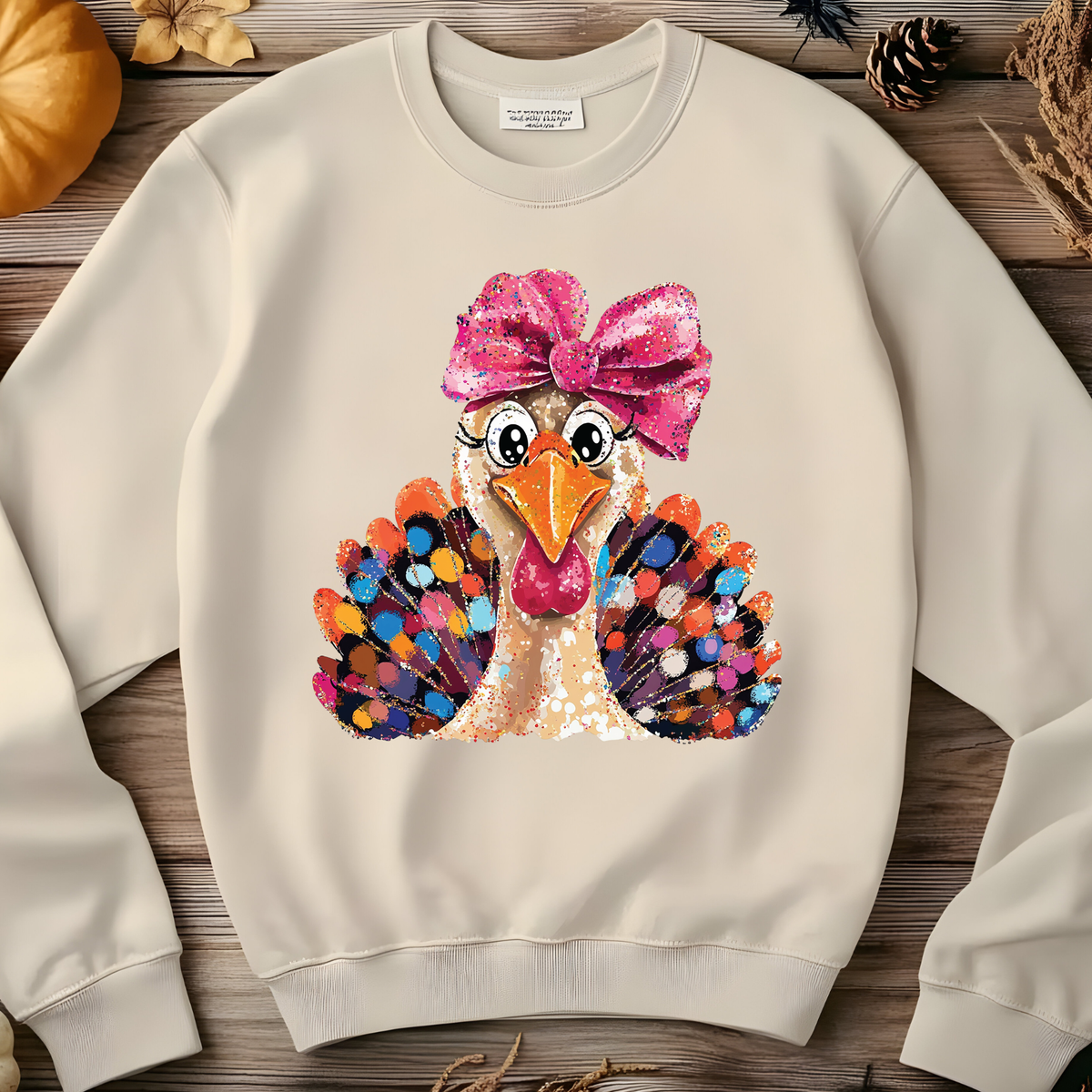 Colorful Thanksgiving turkey with bright patterned feathers, large expressive eyes, and an oversized pink bow on its head.
