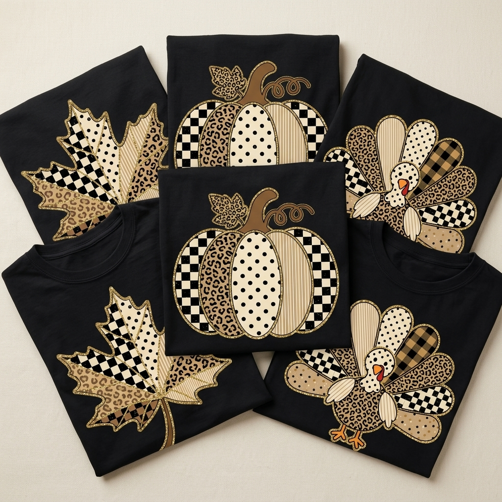 Black short-sleeve T-shirts arranged in a fan shape, each featuring a large autumn-themed graphic with a pumpkin, maple leaf, and turkey design in beige, black, brown, and checkered patterns on a light beige background.