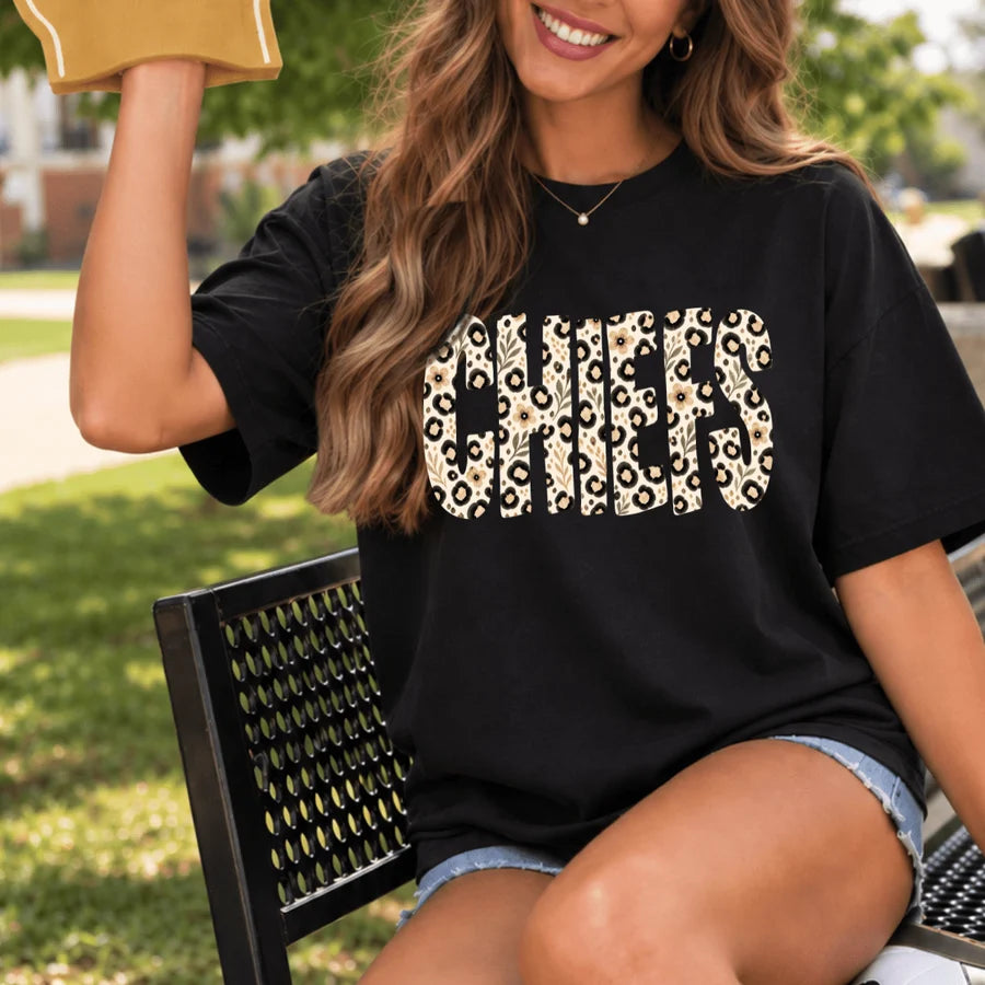 Floral & Cheetah KC Team Letters Black Tee or Crewneck
