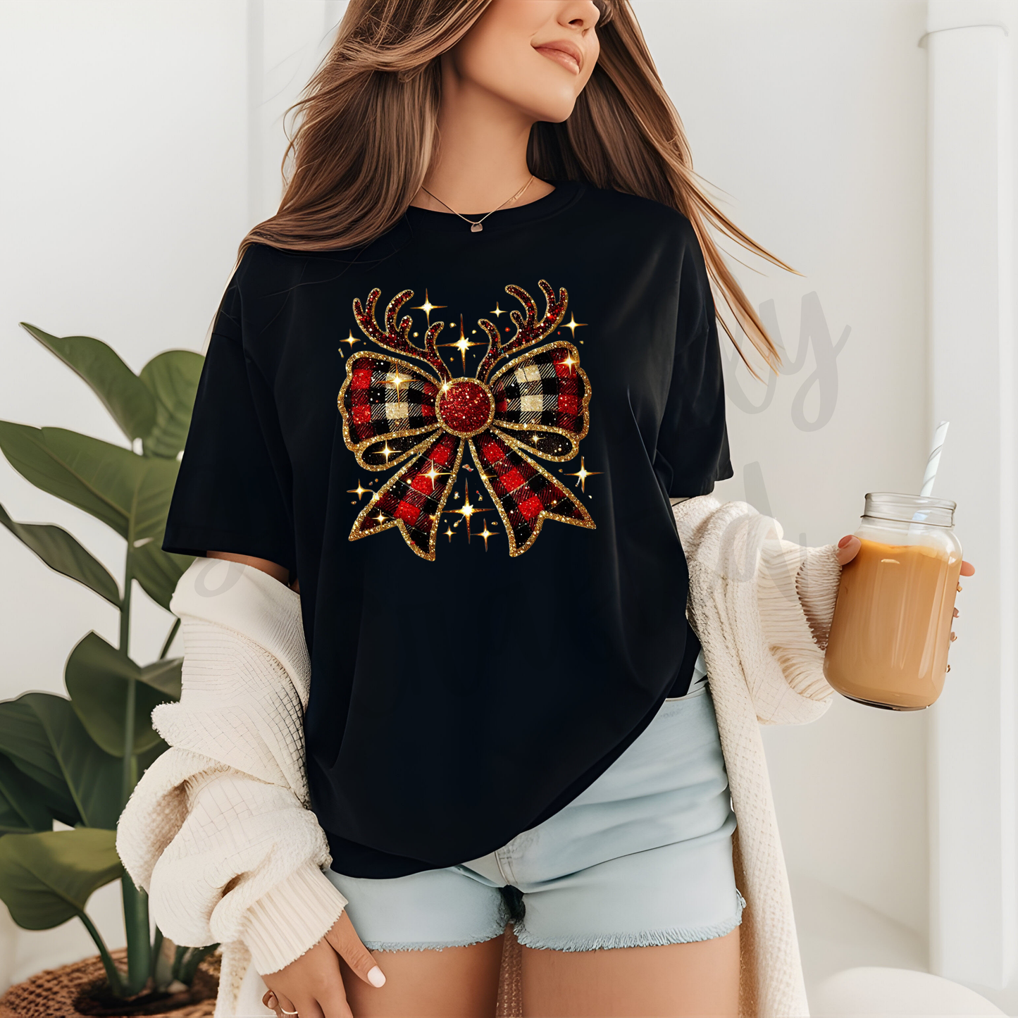 Reindeer Faux Glitter Bow Tee or Crewneck