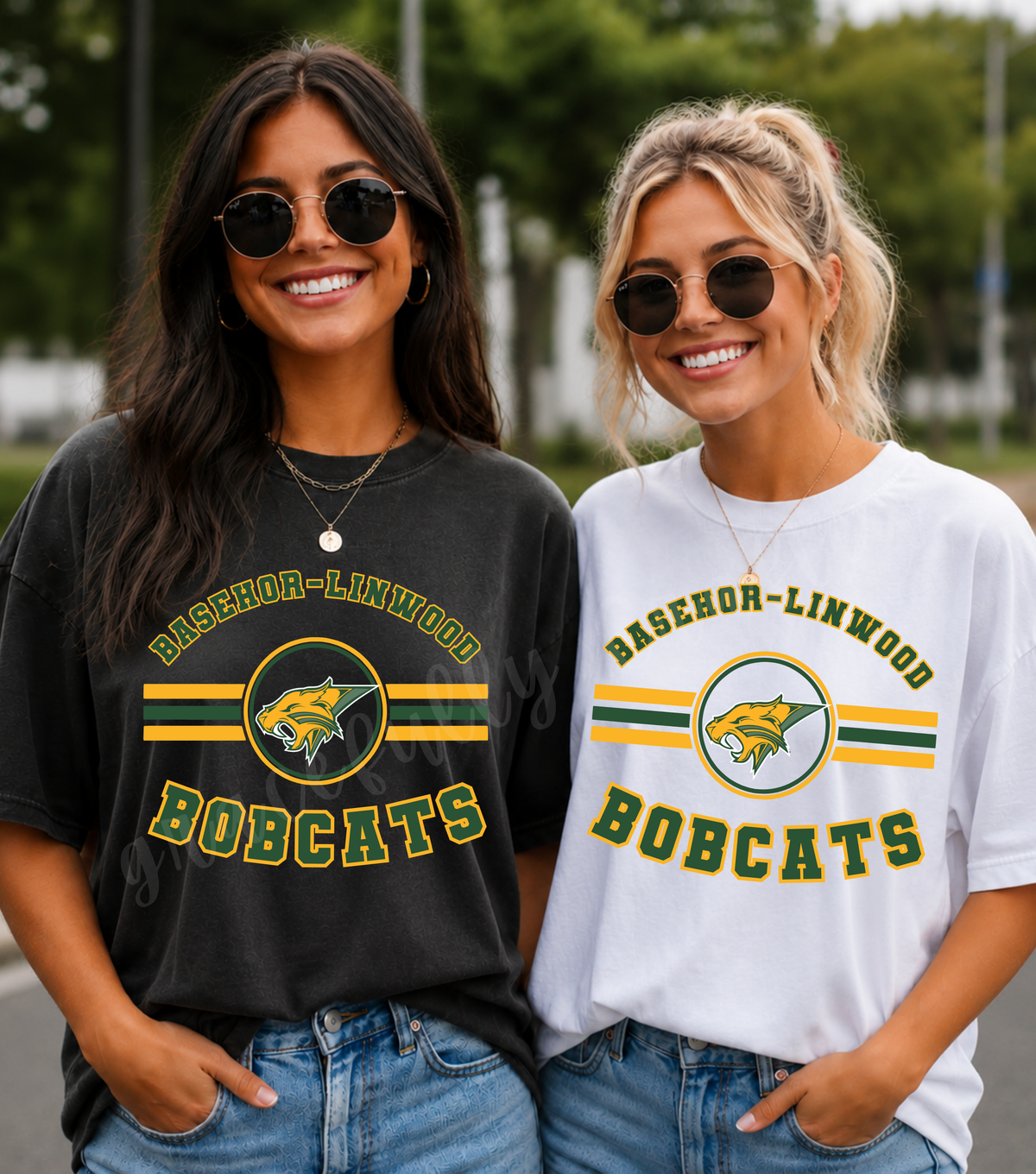 Striped Circle Bobcat Tee Or Crewneck