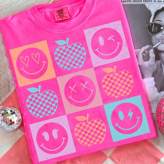 Retro Checkered Smiley Teacher Comfort Colors Tee