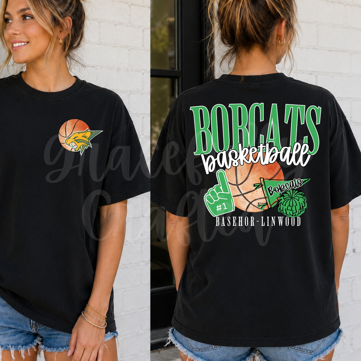 Black shirt featuring a small basketball graphic on the front and a large green BOBCATS basketball design on the back.