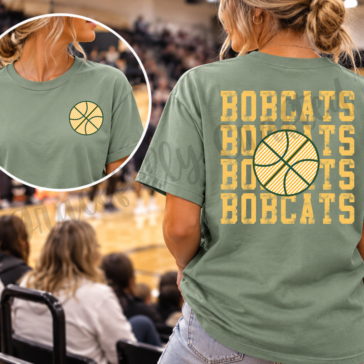 Sage green shirt featuring repeated BOBCATS lettering in yellow and basketball-inspired graphics.