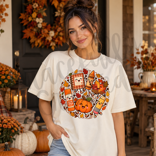 A woman wearing a cream-colored t-shirt with a colorful cartoon autumn graphic on the front.