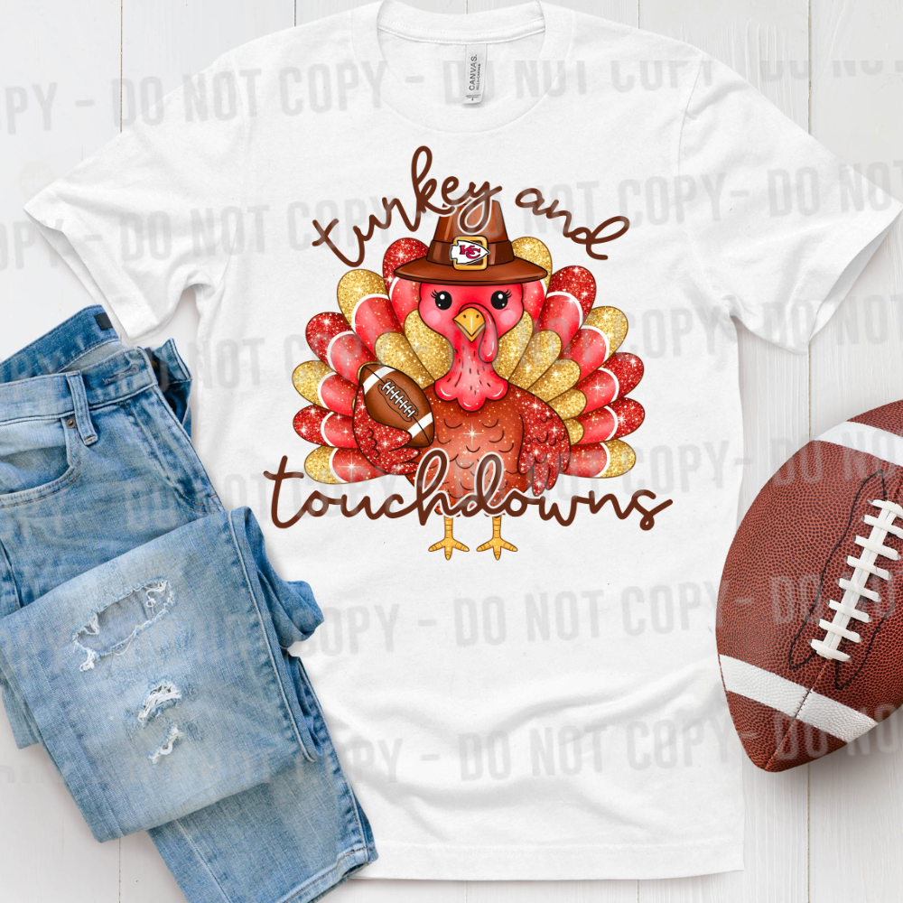 Kansas City Chiefs-inspired Thanksgiving turkey design featuring red and yellow feathers, football-themed details, and festive autumn accents.