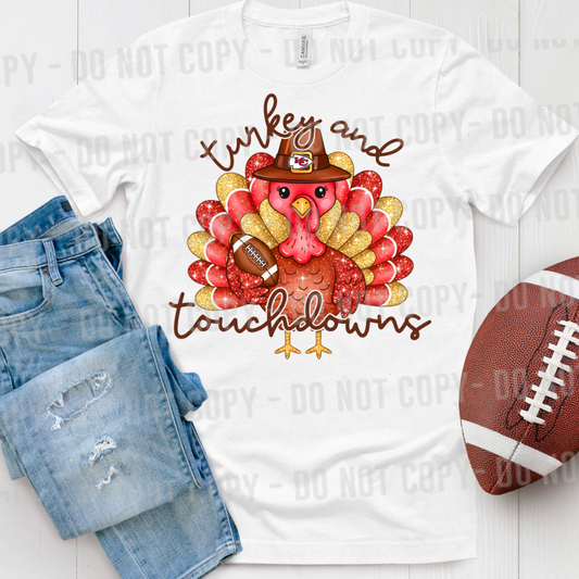 Kansas City Chiefs-inspired Thanksgiving turkey design featuring red and yellow feathers, football-themed details, and festive autumn accents.