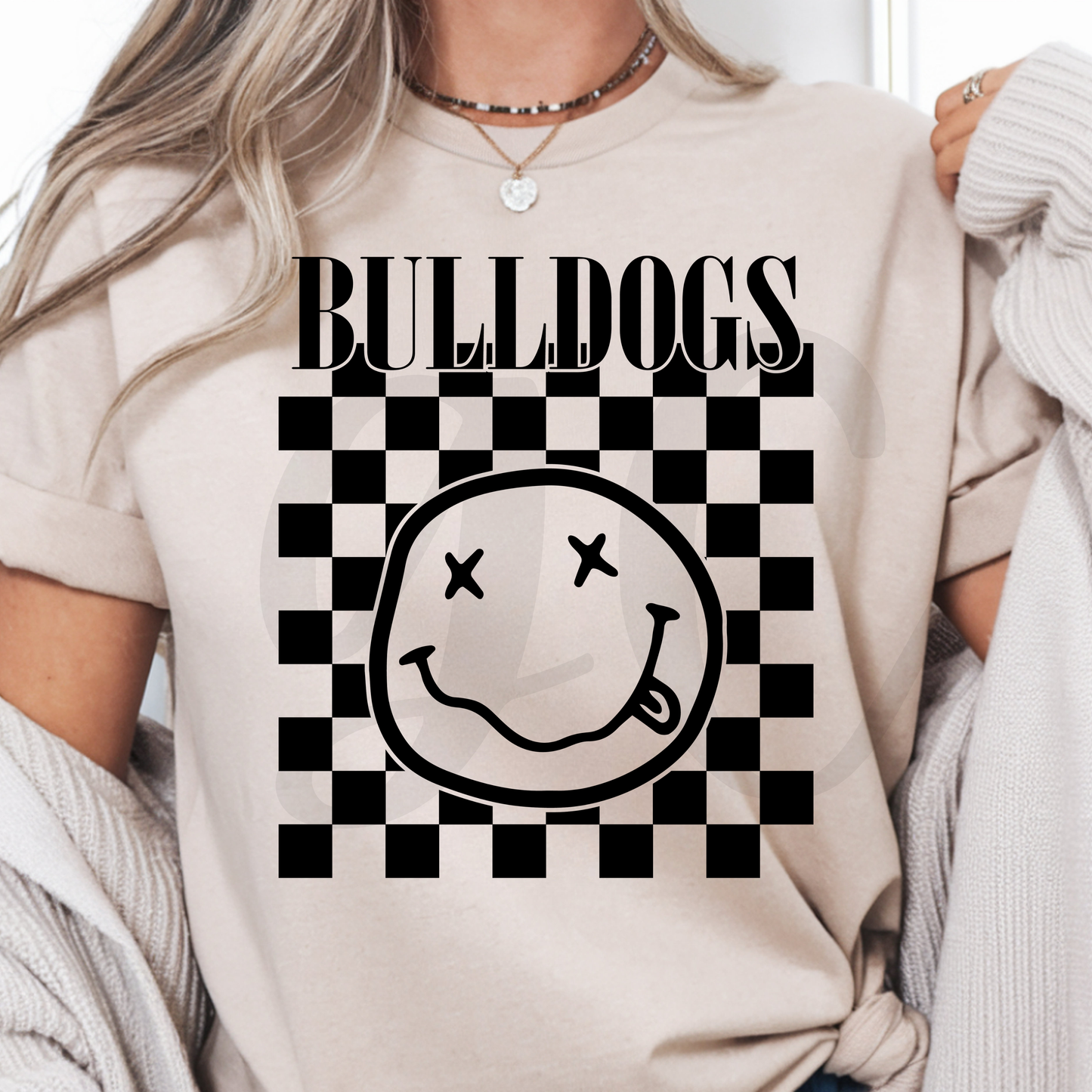 Linwood Bulldogs Retro Smiley Checkerboard Tee
