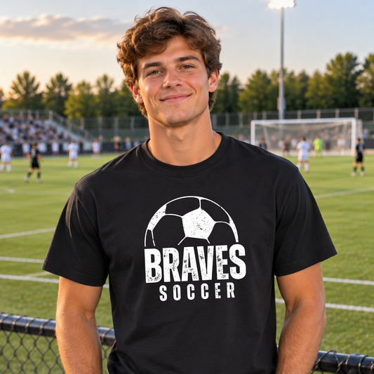 A smiling young man standing on a soccer field at sunset, wearing a black short-sleeve T-shirt with a white soccer ball graphic and the words "BRAVES SOCCER" on the front.