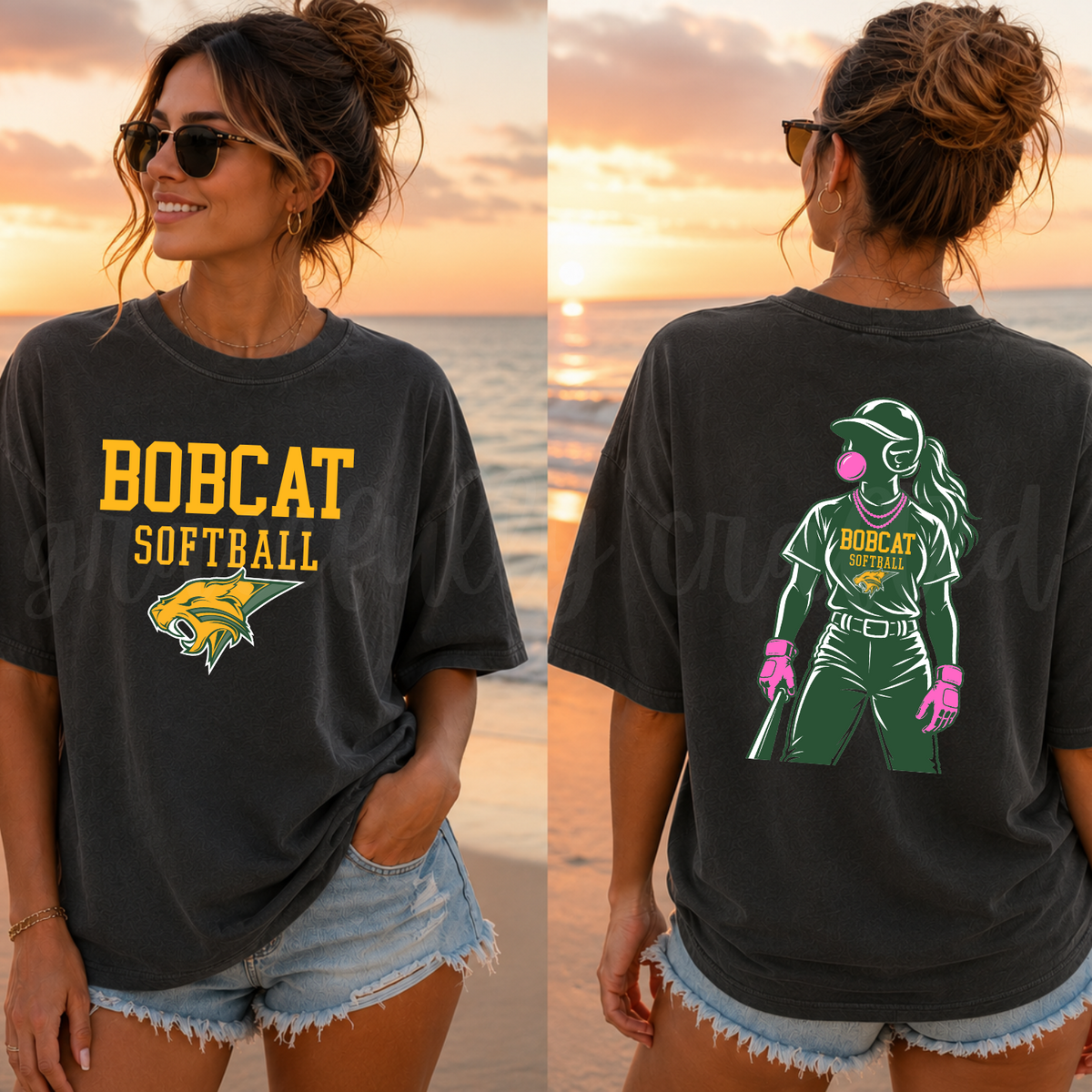 Black Bobcat softball tee featuring yellow BOBCAT SOFTBALL lettering and a green and gold bobcat mascot on the front. The back features a female softball player in a green uniform with pink bubblegum, pink batting gloves, and a softball bat.