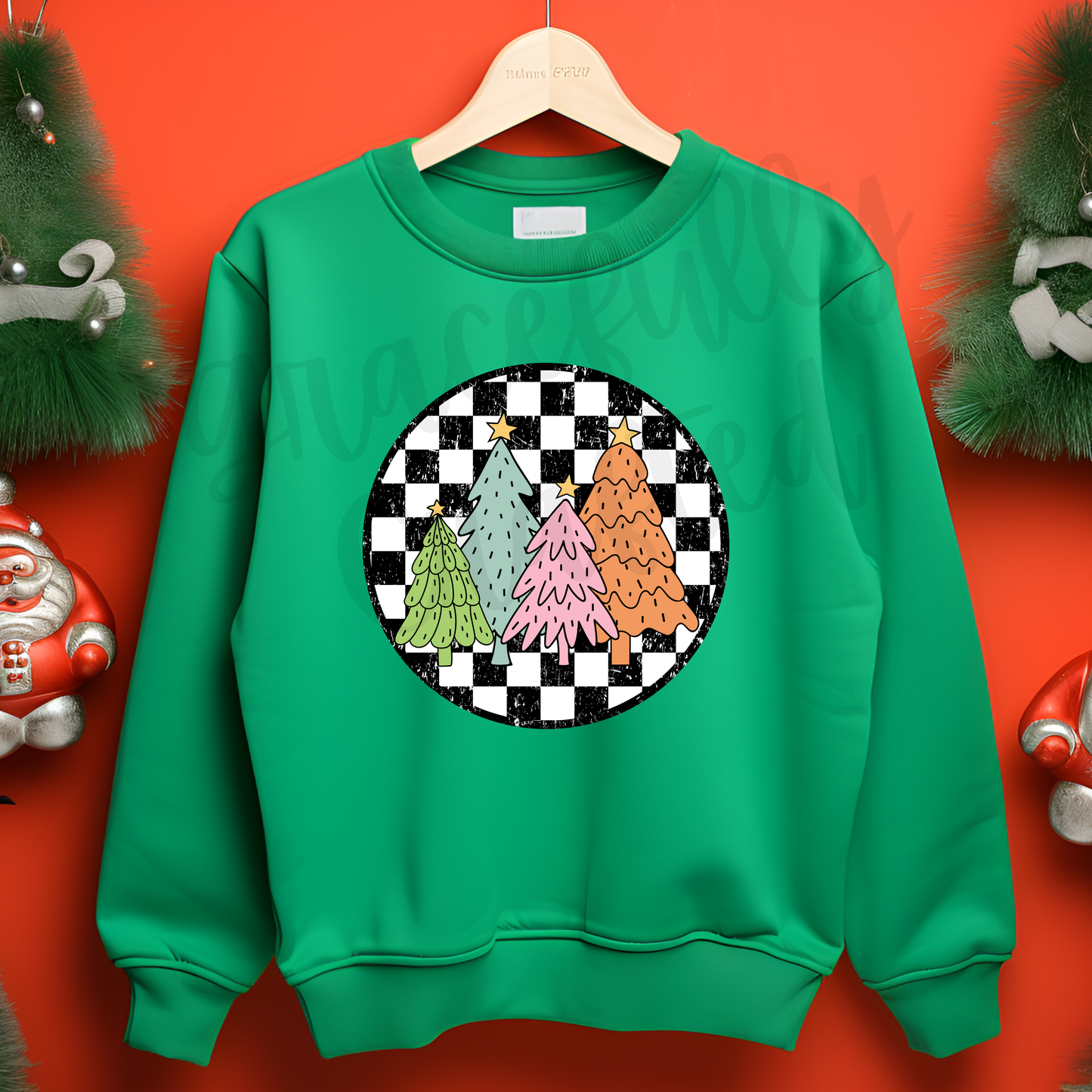 Checkered Circle Christmas Tree Tee or Crewneck