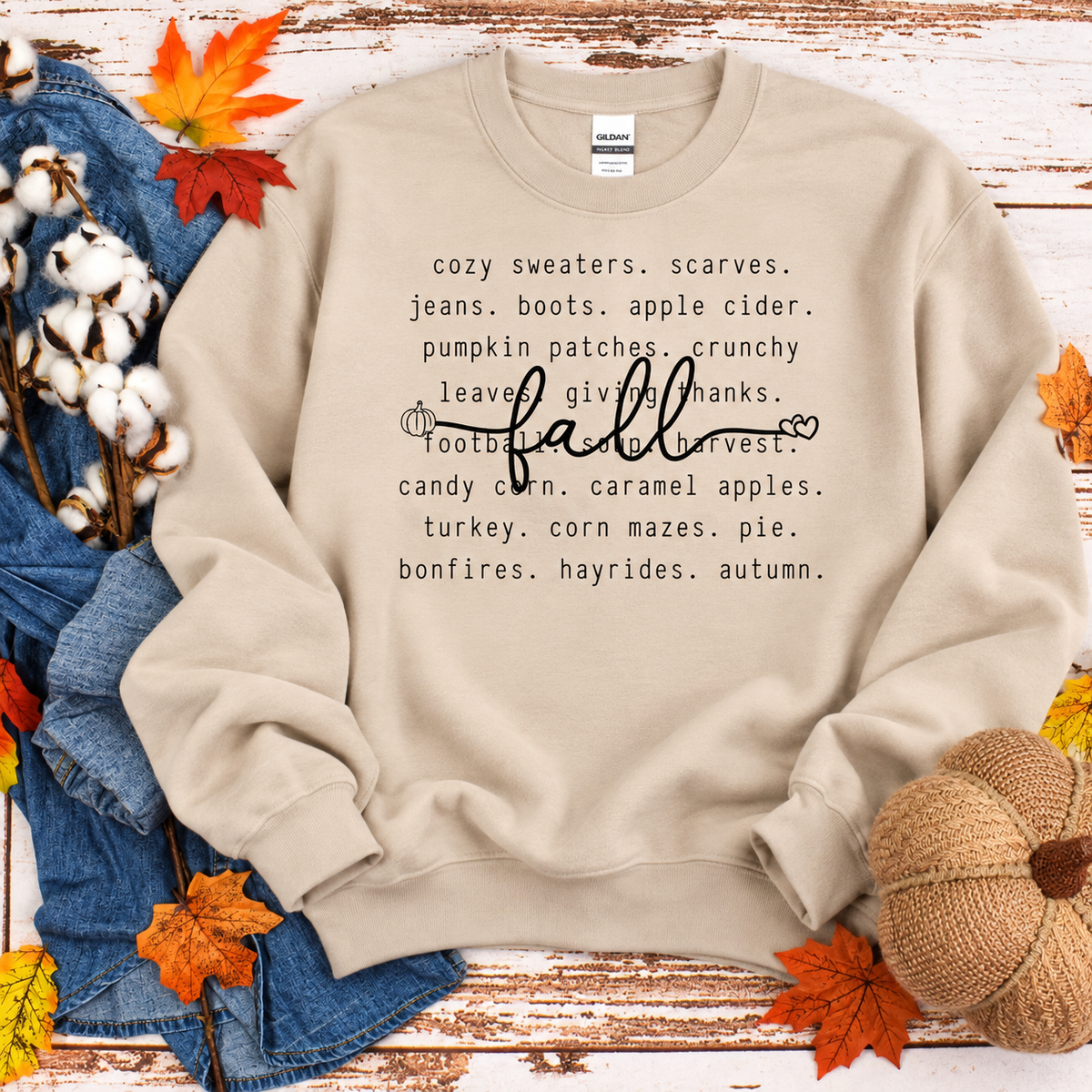 Vintage-inspired typography design featuring the word thankful surrounded by small autumn-themed words and phrases.