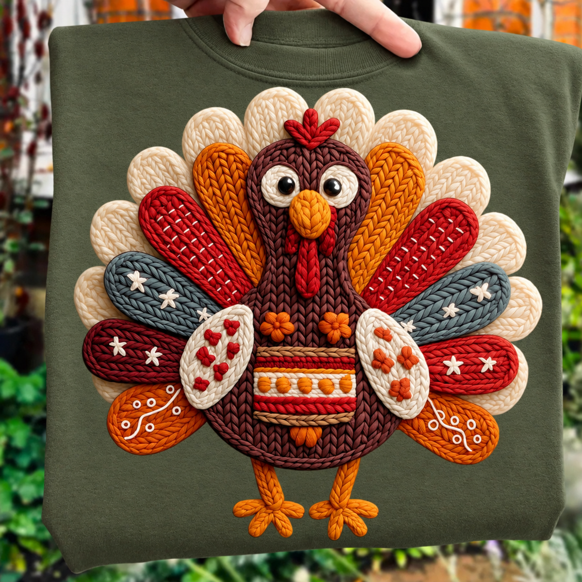 A military green crewneck sweatshirt featuring a large, colorful, faux embroidered turkey design on the front.