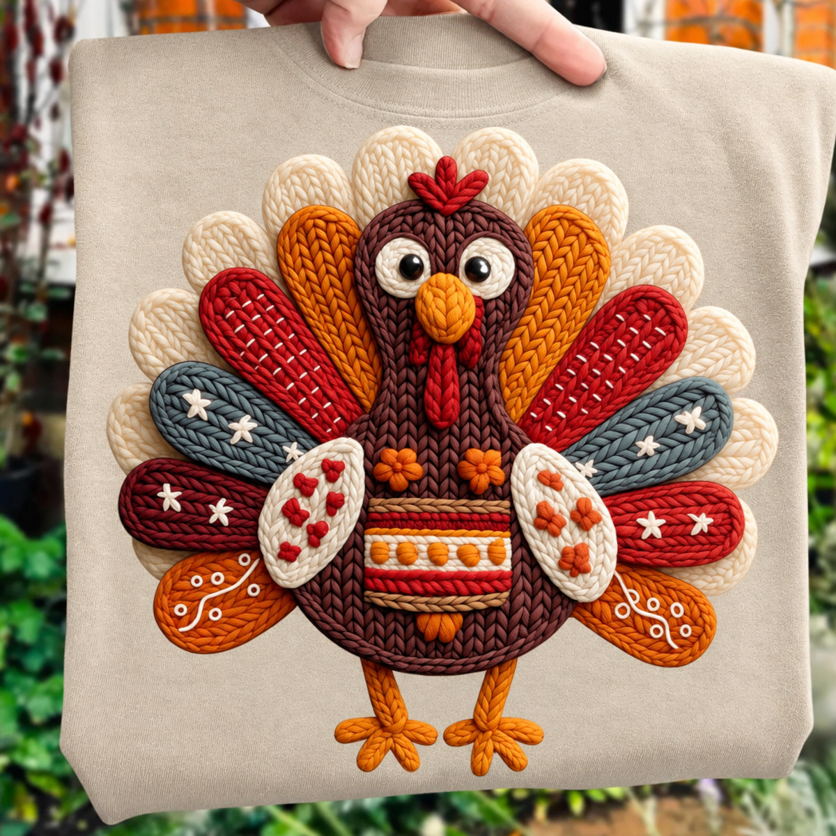 Sand colored crewneck sweatshirt featuring a large, colorful, faux embroidered turkey design on the front.