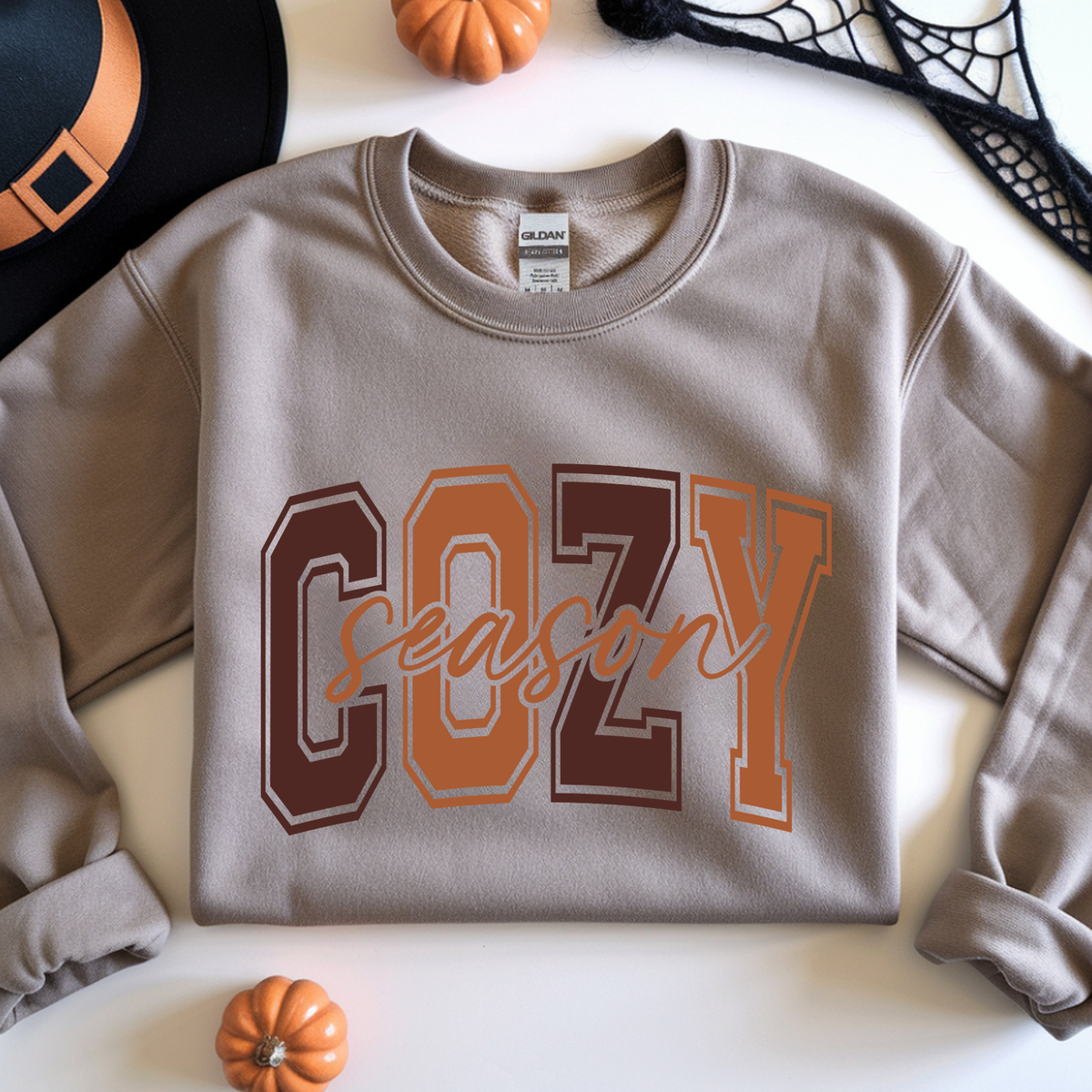 A sand crewneck sweatshirt with 'COZY season' printed across the chest in brown and orange