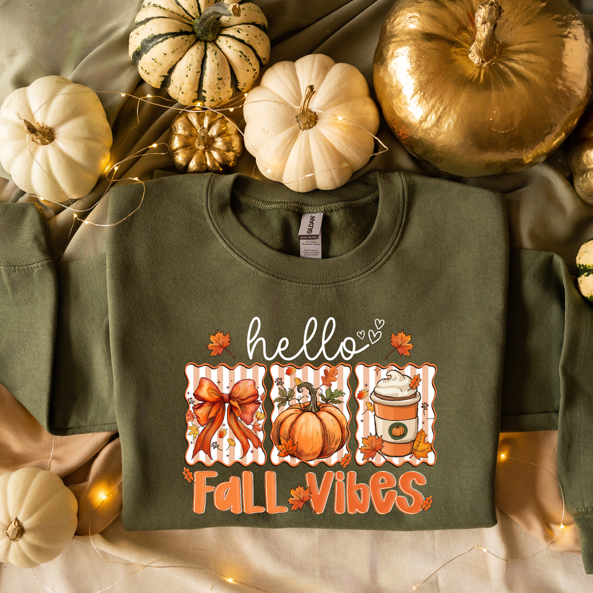 Military green crewneck sweatshirt with a 'hello Fall Vibes' autumn graphic