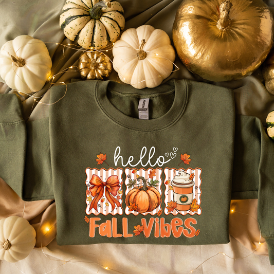 Military green crewneck sweatshirt with a 'hello Fall Vibes' autumn graphic