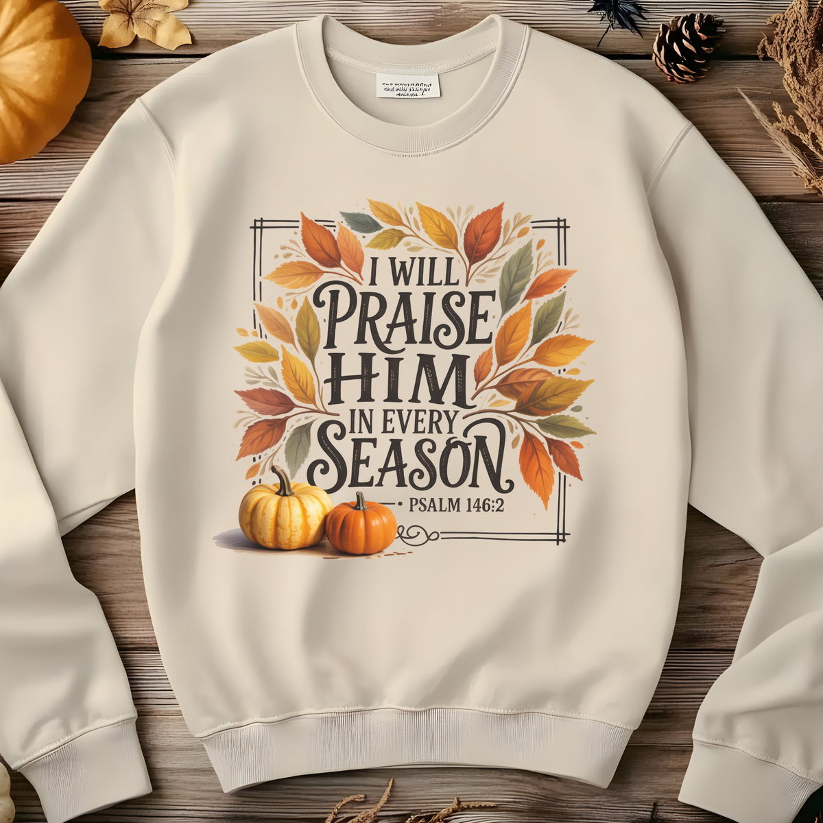 A sand crewneck sweatshirt with a graphic print featuring autumn leaves and two small pumpkins, with the text 'I WILL PRAISE HIM IN EVERY SEASON PSALM 146:2'. 