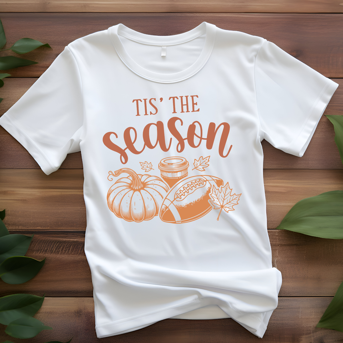 Orange Tis the Season lettering with pumpkins, autumn leaves, and decorative fall accents.