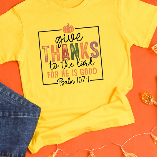 Give Thanks to the Lord lettering in orange and green with a Bible verse reference.
