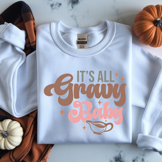Retro orange and peach lettering reading It's All Gravy Baby with a small gravy boat illustration.