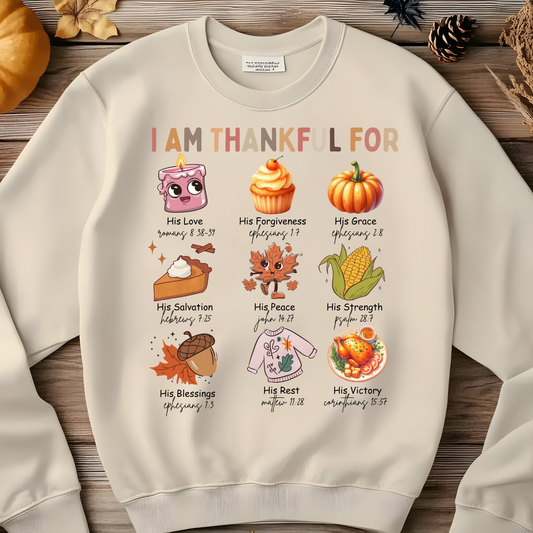I Am Thankful For lettering above a collection of colorful fall illustrations and gratitude-themed captions.