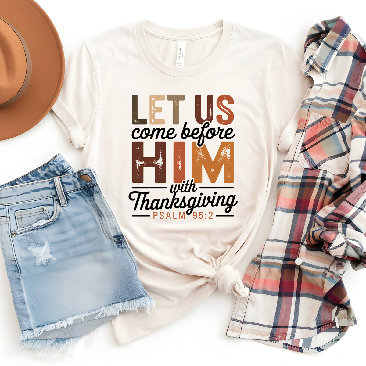Let Us Come Before Him Thanksgiving lettering with decorative script and a Bible verse reference.