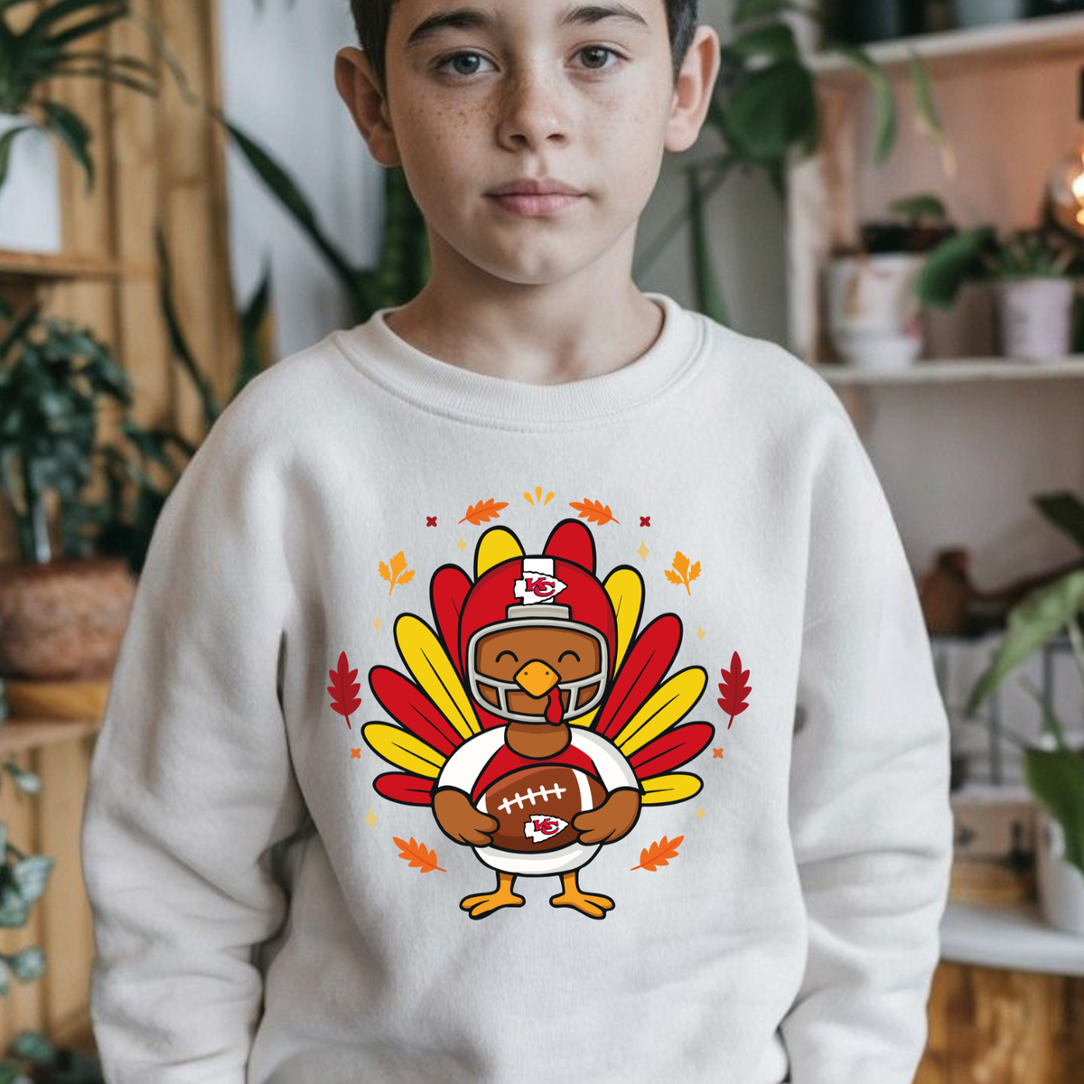 Colorful cartoon Thanksgiving turkey holding a football with bright patterned feathers.