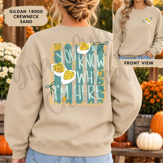Retro Thanksgiving design featuring the phrase You Know Why I'm Here with illustrated deviled eggs, teal lettering, yellow stars, and decorative swirls.