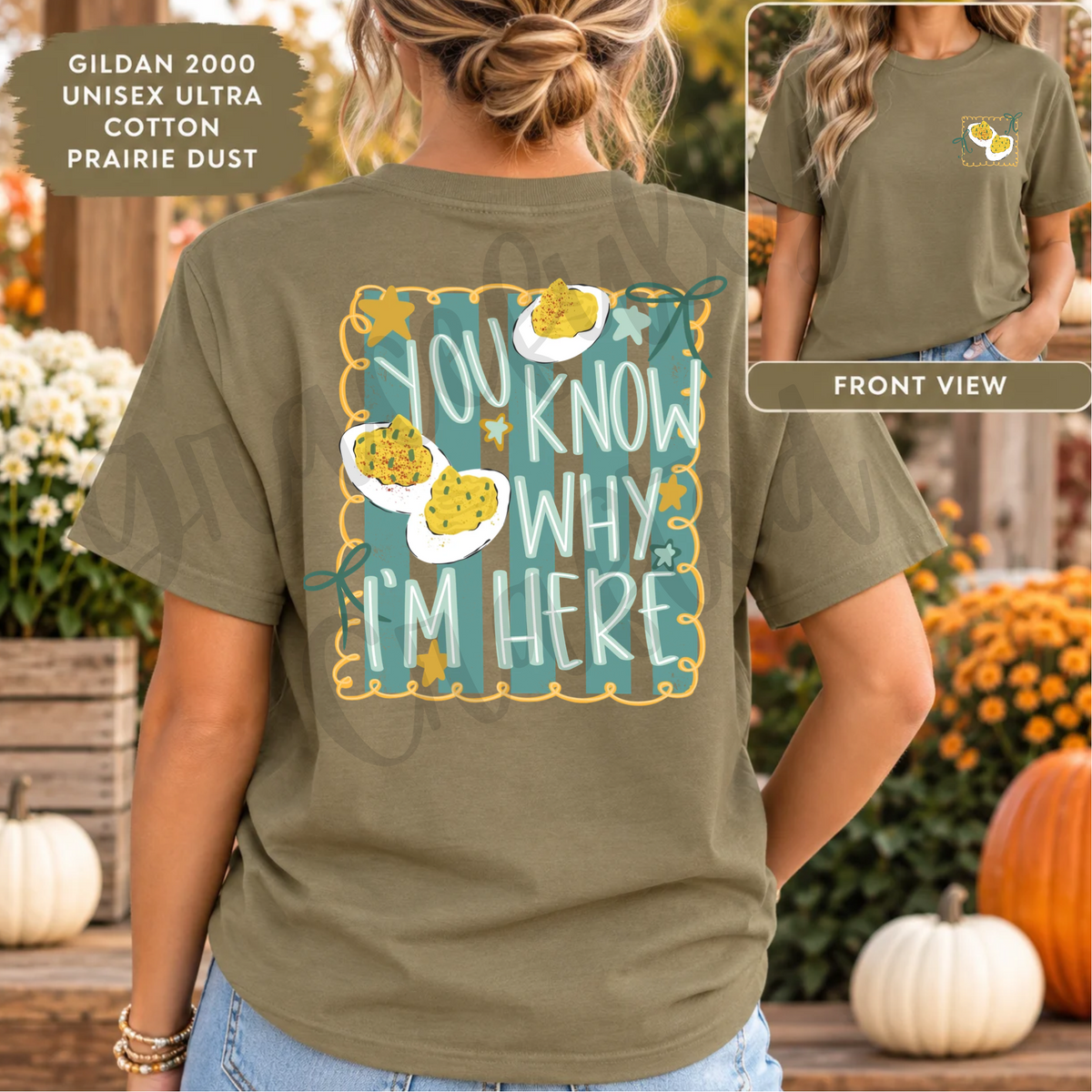 Retro Thanksgiving design featuring the phrase You Know Why I'm Here with illustrated deviled eggs, teal lettering, yellow stars, and decorative swirls.
