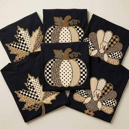 Black short-sleeve T-shirts arranged in a fan shape, each featuring a large autumn-themed graphic with a pumpkin, maple leaf, and turkey design in beige, black, brown, and checkered patterns on a light beige background.