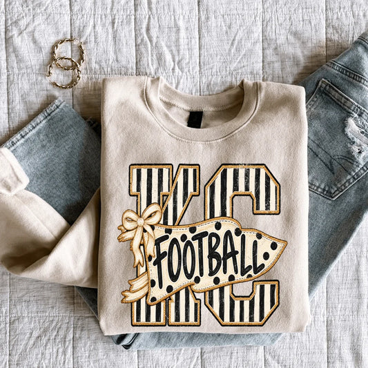 Black & White Striped KC Letters Pennant Tan Tee or Crewneck