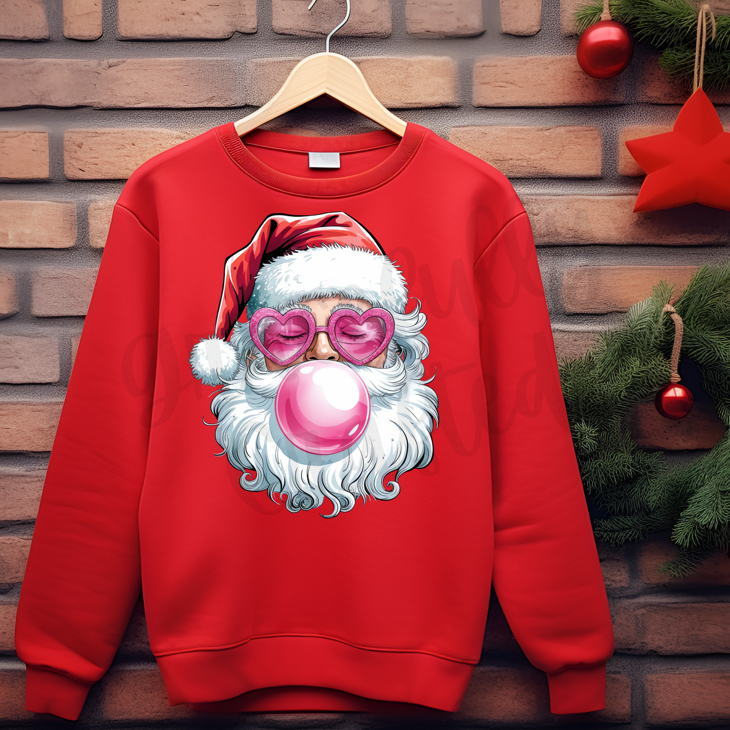Red Bubblegum Santa Tee or Crewneck