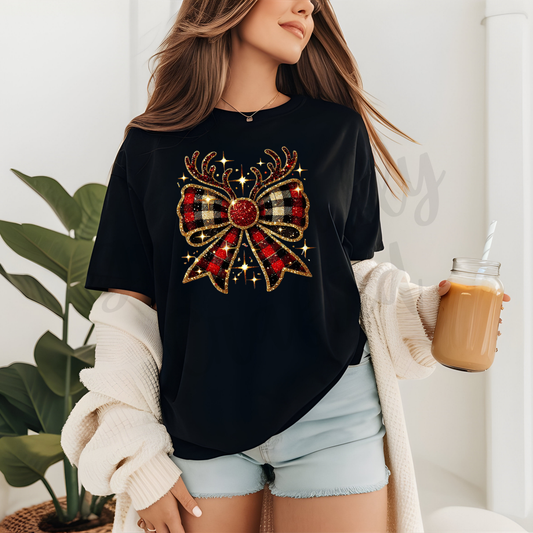 Reindeer Faux Glitter Bow Tee or Crewneck