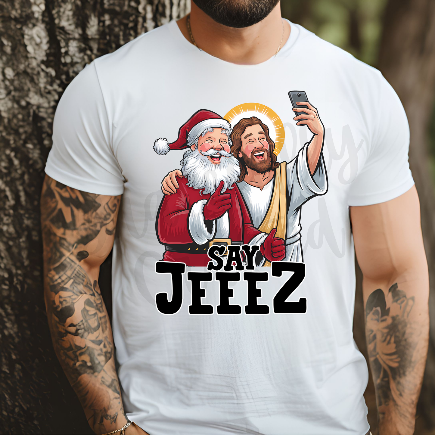 Say Jeeez Santa and Jesus Selfie Tee or Crewneck