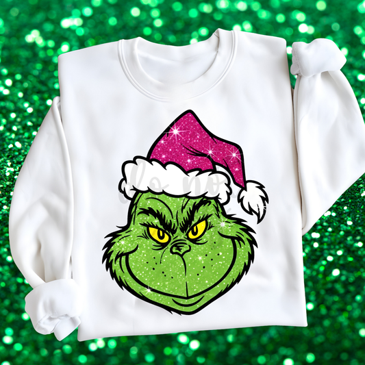 Grinch with Sparkly Santa Hat Crewneck