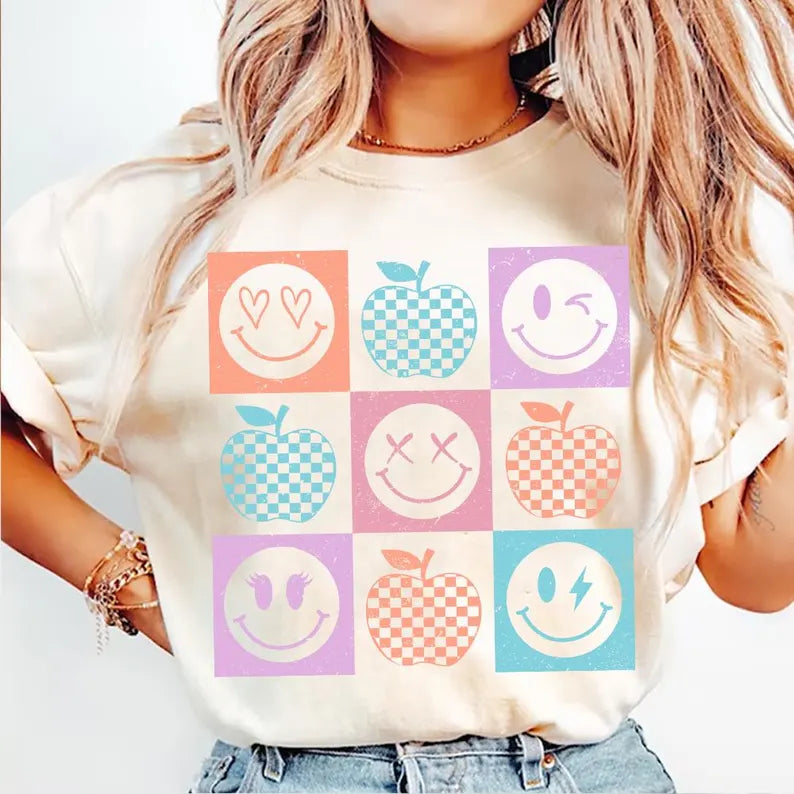 Retro Checkered Smiley Teacher Comfort Colors Tee