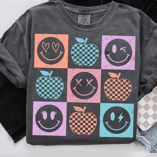 Retro Checkered Smiley Teacher Comfort Colors Tee